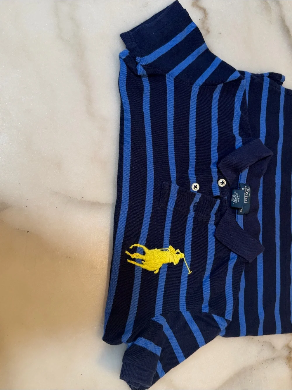 Polo by Ralph Lauren Navy & Royal Blue Striped Polo with Yellow Pony
